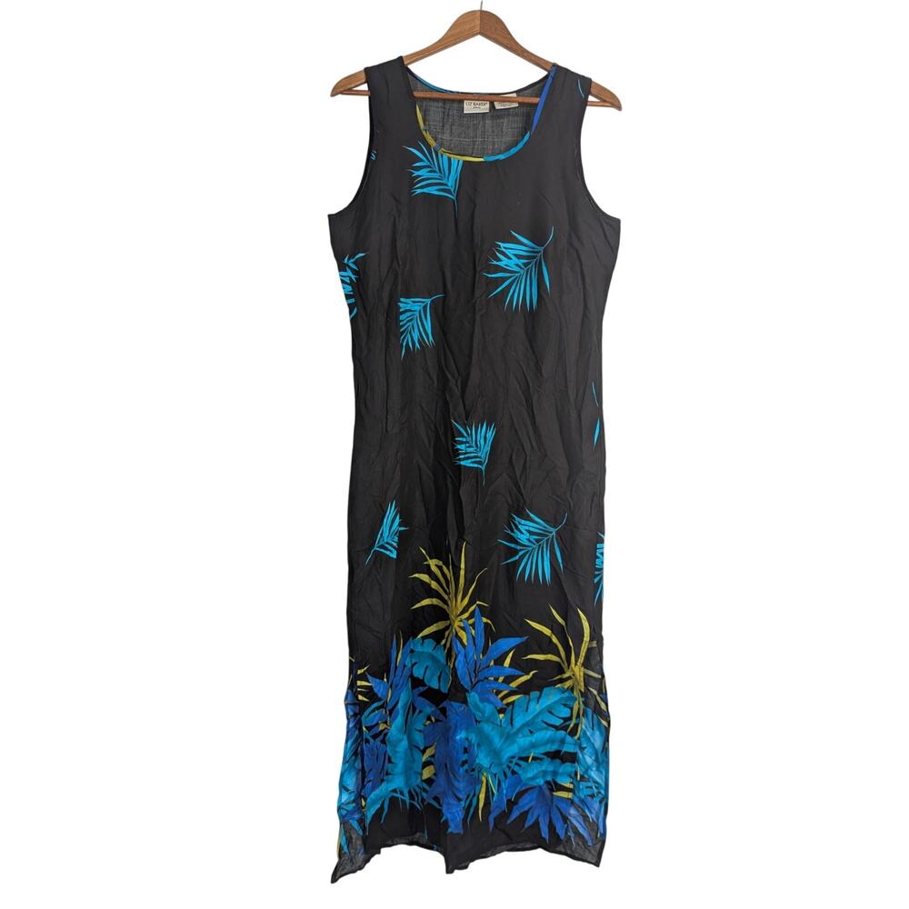 Vtg Hawaiian Dress Liz Baker Maxi Dark Floral Tropical Palm Leaves Medium Petite
